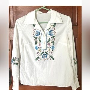 Embroidered Look Fabric Paint Flower Design Blouse Handmade White Shirt Small sz